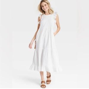 White Ruffle Sleeve Gauze 100% Cotton Midi Maxi Dress. Universal Thread.